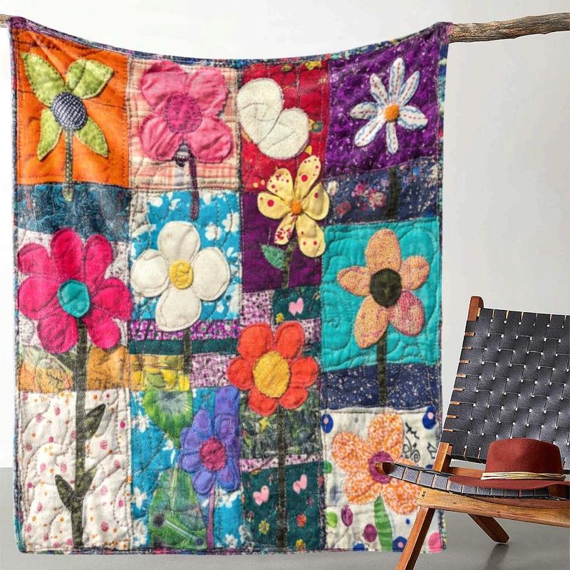 Frühlingshafte Patchwork-Fleece-Decke Boho Gesteppte Blumendecke Kuschelig für Garten, Heimdeko & Frühlings-Outdoor-Entspannung