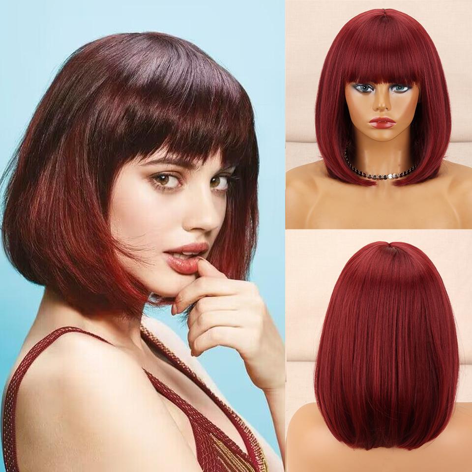 MISSQUEEN Synthetic Brown Gradient Bangs Bob Wig Shoulder-length Straight Wig Suitable for Female Role Daily Wig Heat-resistant Fiber