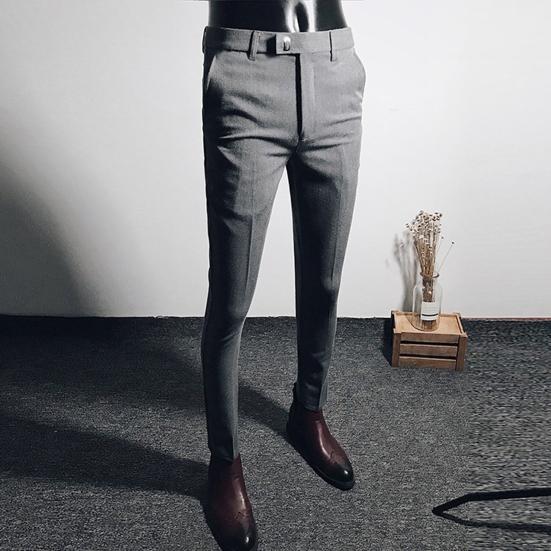 Men Business Formal Pants Solid Color Straight Cropped Pants Korean Style Stretchy Zipper Fly Office Social Trousers Streetwear
