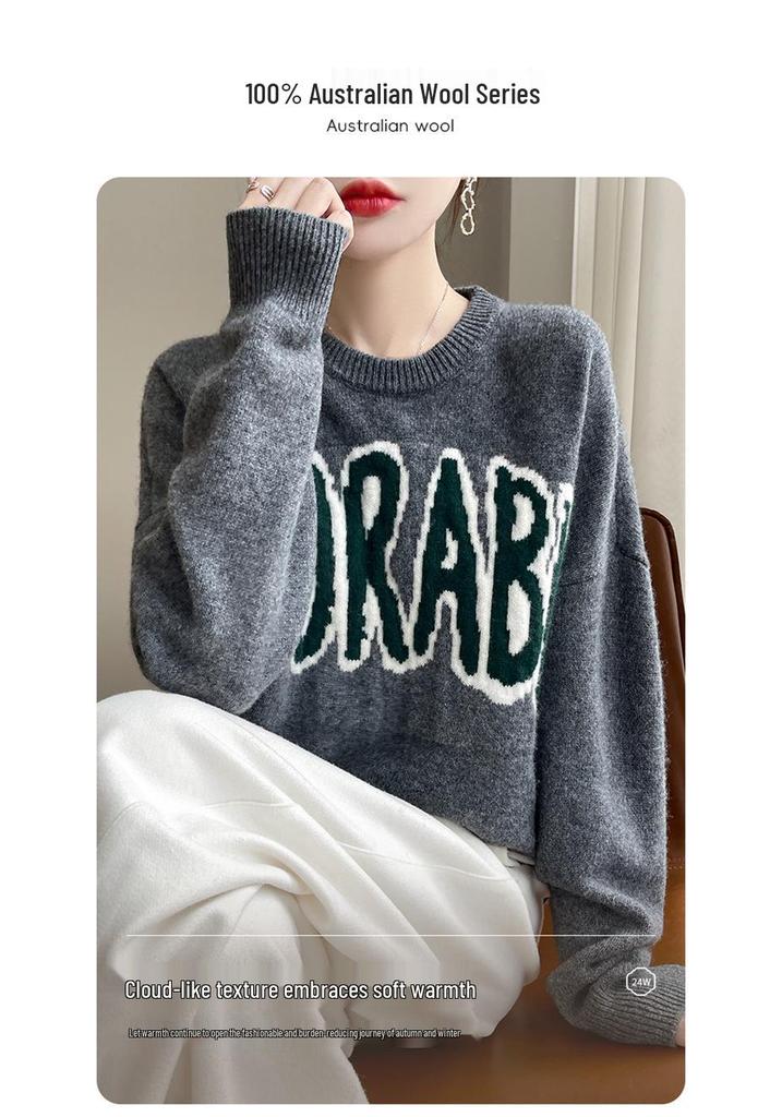 **Women's Korean Style Crew Neck Letter Jacquard Wool Sweater - 2025 Autumn/Winter Collection**