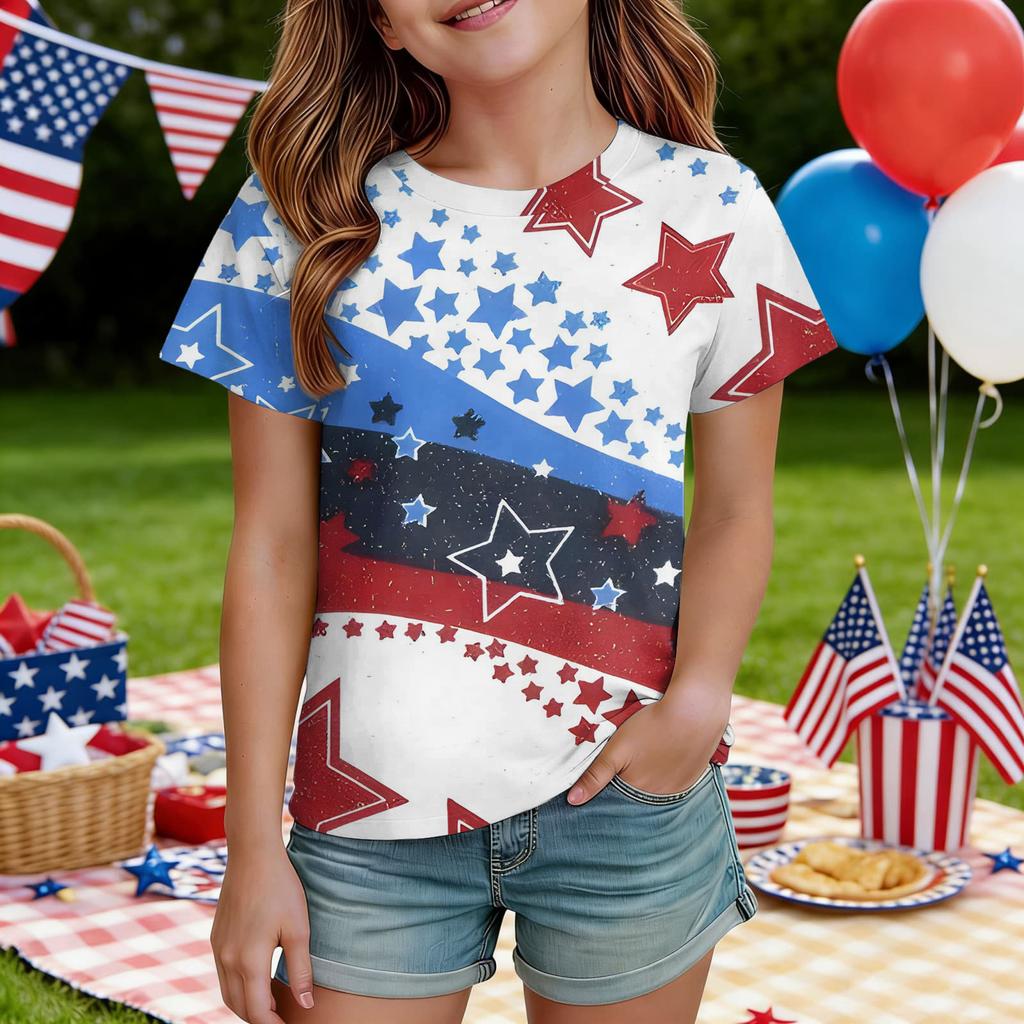 Kids Independence Day Print Round Neck Short Sleeve Casual T-shirt
