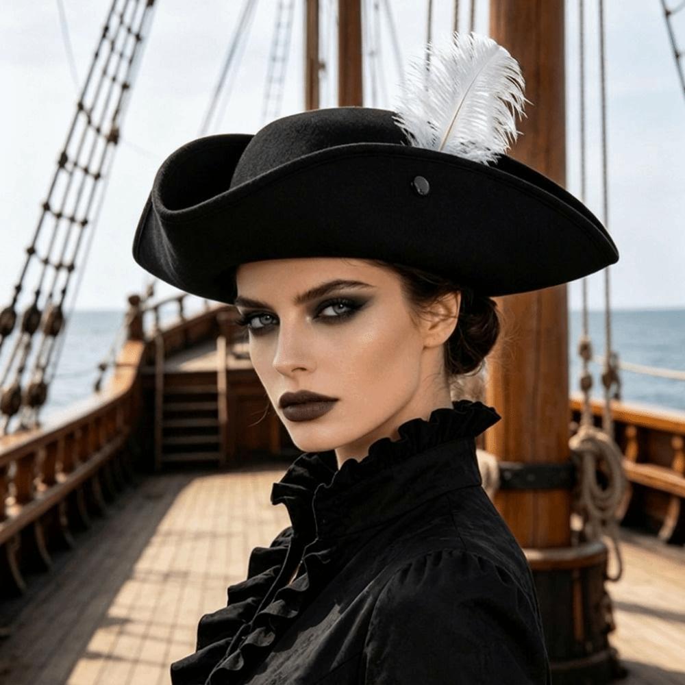 Classic Retro Tricorn Hat Wide Brim Pirate Headwear Pirate Feathers Hat Halloween Party