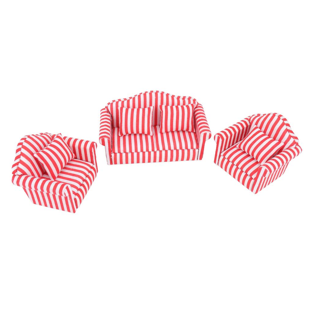 3Pcs   Sofa Set Pine Cloth Double Sofa 2 Single Sofa Light Color Strip  ature Sofa for 1:12 Doll House