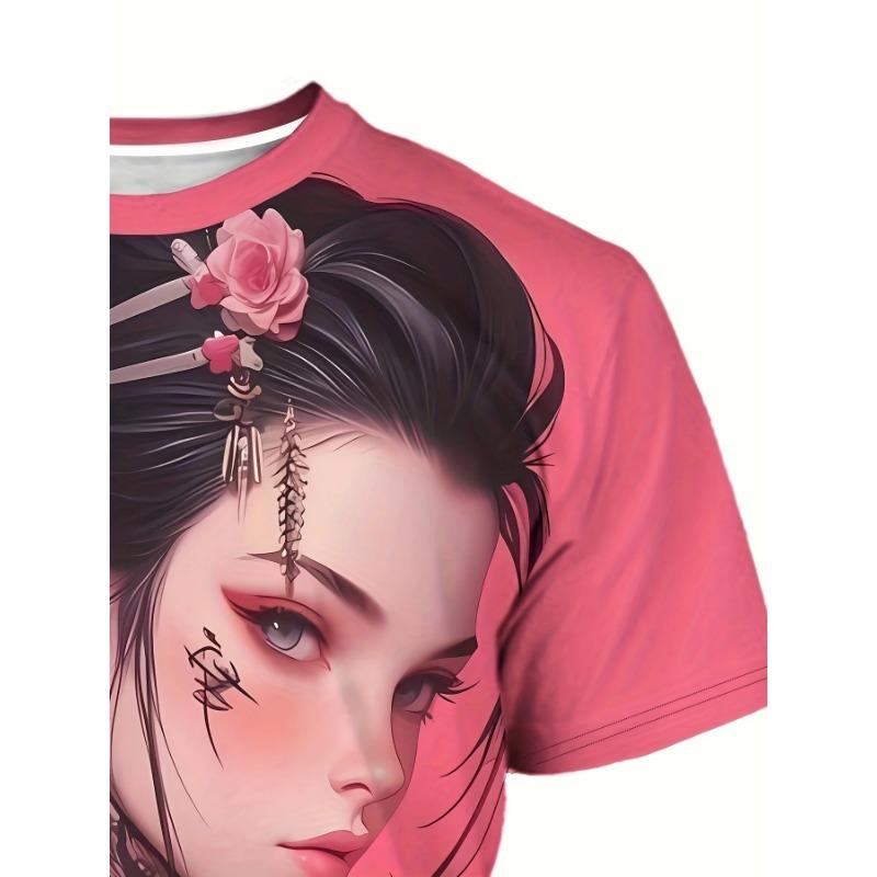 Men's Short Sleeved 3D Printed Cartoon Female Warrior Pattern T-shirts Casual Round Neck Short Sleeved Fashion T-shirts