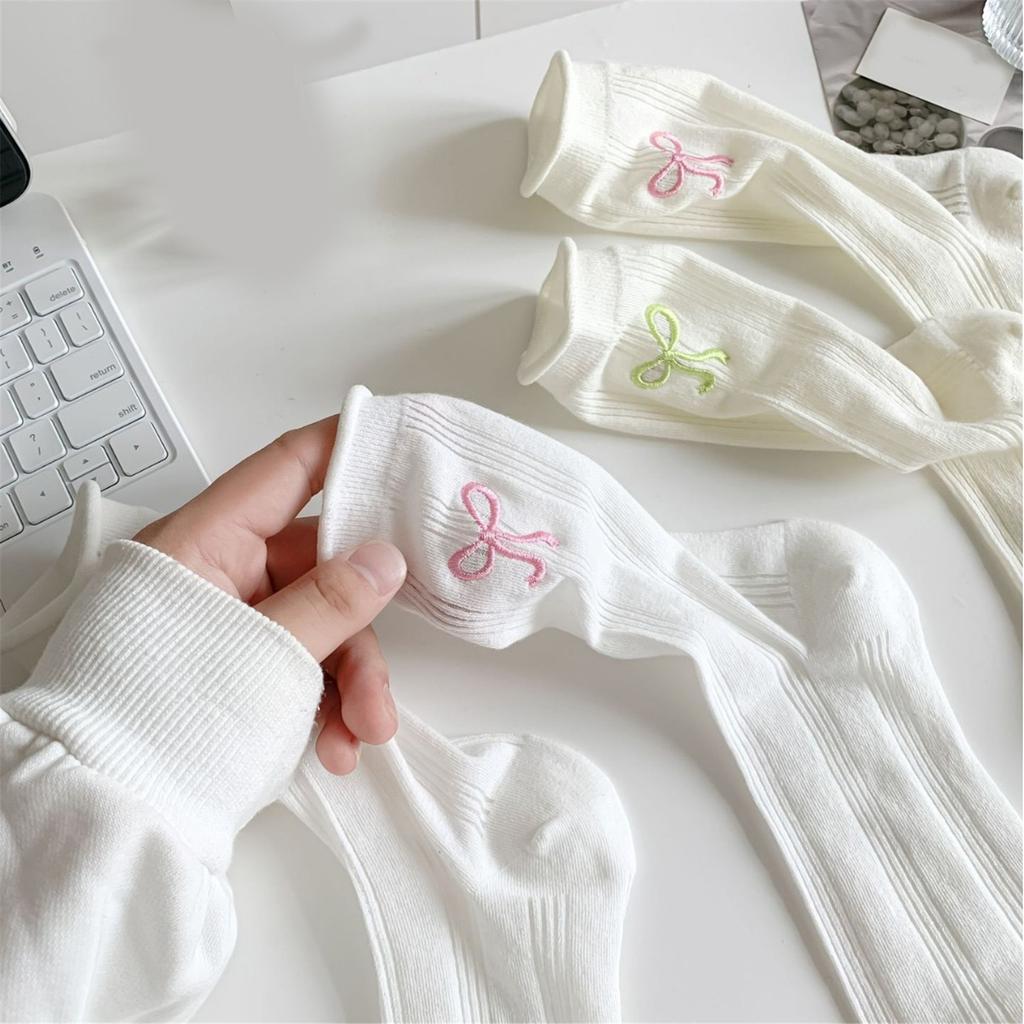 Sophisticated Ladies' Ankle Socks with Embroidery Colorful Bows Stretchable Cotton Fabric Middle Tube Calf Socks Hosiery