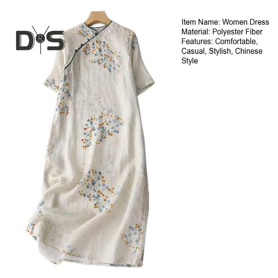Vestido Midi Cheongsam Qipao Vintage com Estampa Floral para Mulheres Solto Manga Curta Estilo Chinês com Bolsos para Casamento