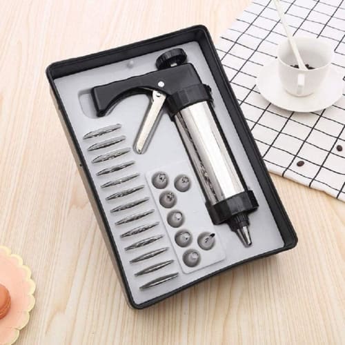 Cookie Press, Stainless Steel Biscuit Press Gun Set with 20 Cookie Discs and 4 Piping Nozzles, DIY Cookie Making Kit, Cookie Maker, Cookie Mold, Cake