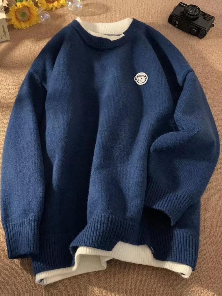 Men's Loose Fit Color Block Knit Sweater - Autumn/Winter Hong Kong Style with Round Neck, Couples Design