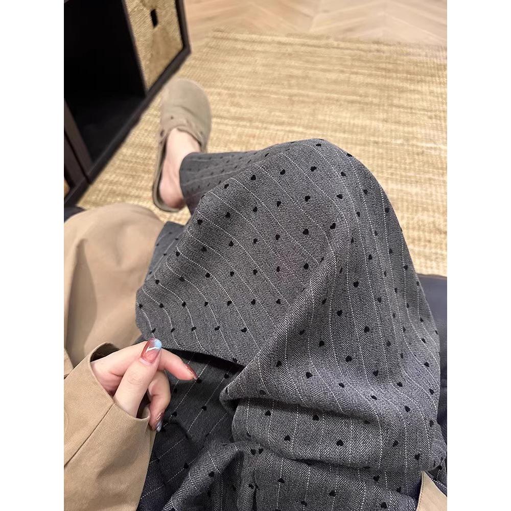 2025 Women's Khaki Polka Dot Striped Wide-Leg Pants - Spring & Autumn Relaxed Fit