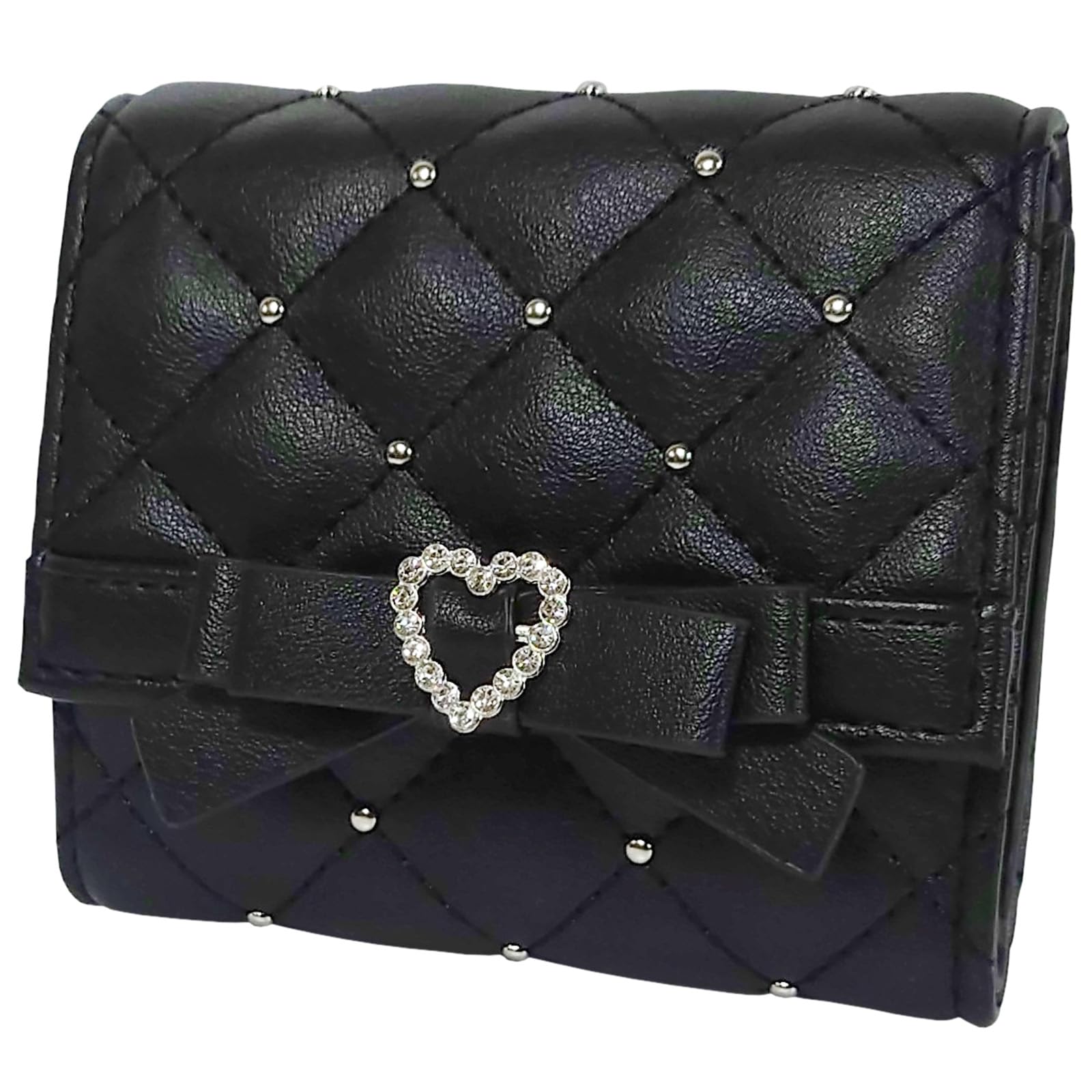 

Crossmarberry Women s Mini Wallet, Cute and Stylish Ribbon Design with Coin Purse, Quilted Studs, Heart Design, Tri-Fold, Black, Box-Shaped, Easy to