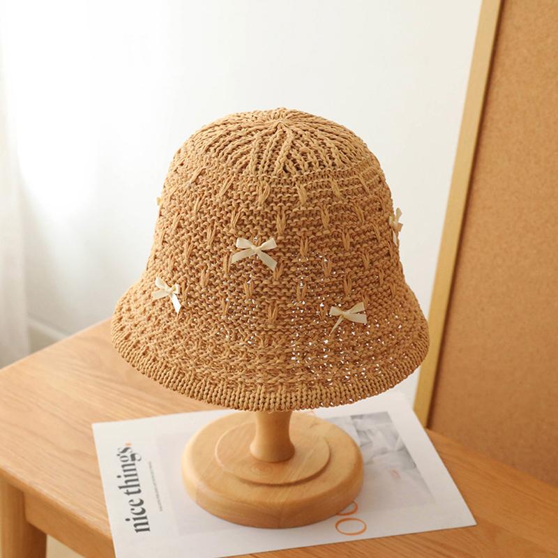 Stylish Foldable Uv Protection Straw Bucket Hat With Mini Bow Handmade Beach Sun Hat For Women Vacation Outdoor Activities
