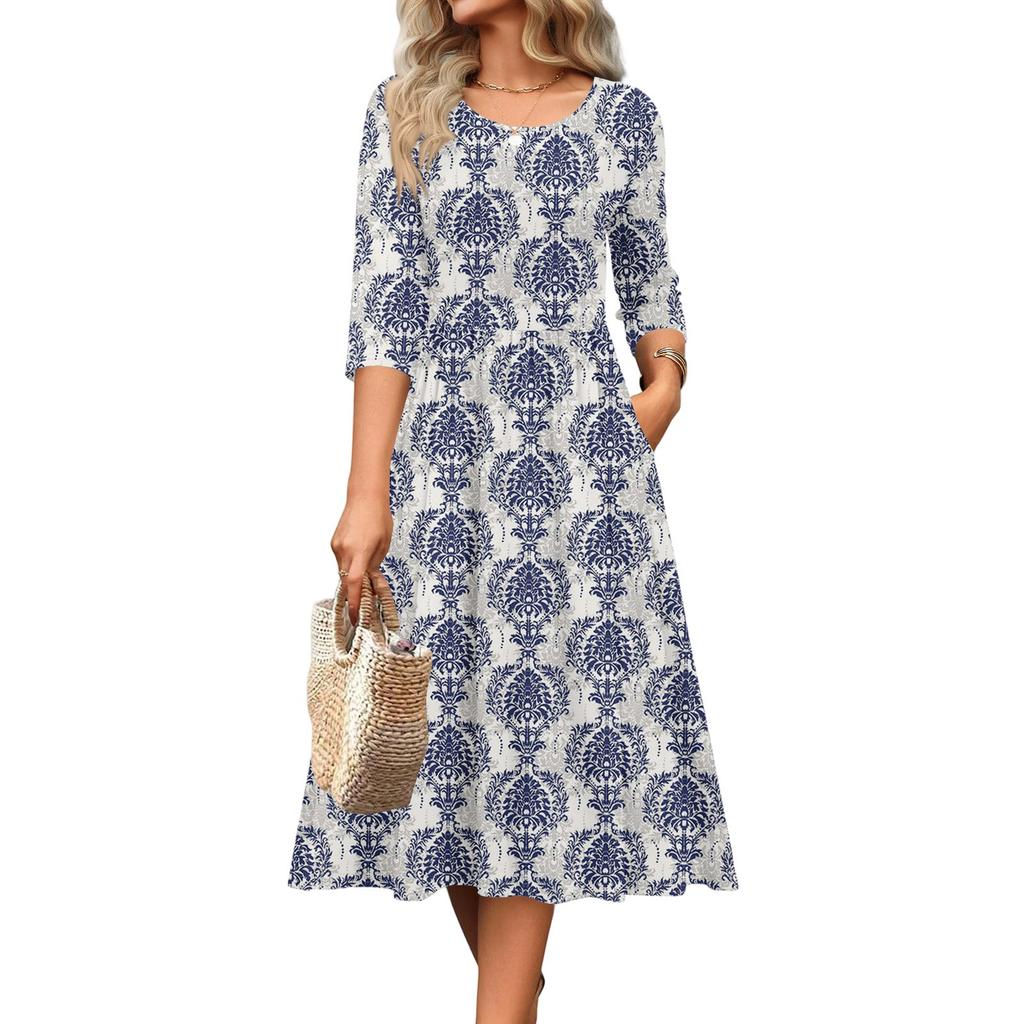 Rochie de damă cu mâneci 3/4, casual, fluidă, în A, midi, tip tricou, cu buzunare, cu gât rotund, pentru vacanță, boho, de plajă, de vară