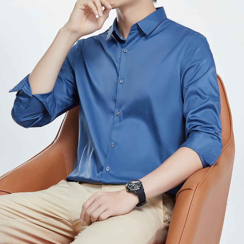 Camicia mercerizzata non stirabile da uomo, manica lunga, antipiega, camicia da cerimonia, tinta unita