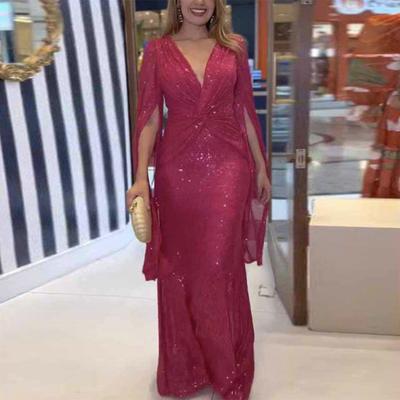 Abito da sera da donna Maniche divise Profondo scollo a V Paillettes lucide Vestibilità attillata Vita stretta Nodo Pieghettato Lunghezza intera Tinta unita Lady Prom Banchetto Abito lungo