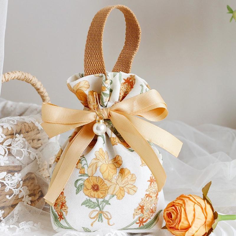 Small Floral Canvas Drawstring Bag Small Bowknot Jewelry Pouch With Pearl Chain Wedding Candy Packaging Bag