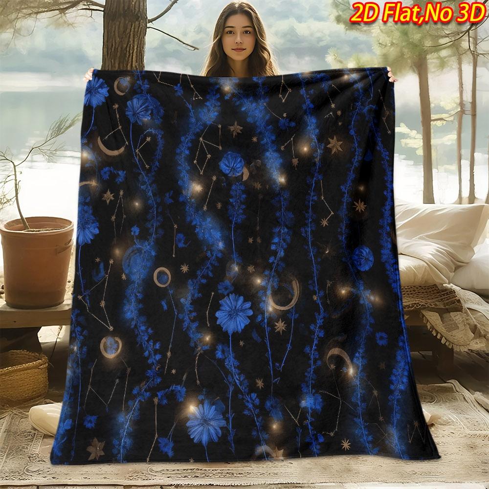 1pc 2D Flat Printing Spring & Summer New Arrival Dark Night Blues Floral Star Moon Constellation Themed Digital Print Blanket, Throw Blanket, Soft and