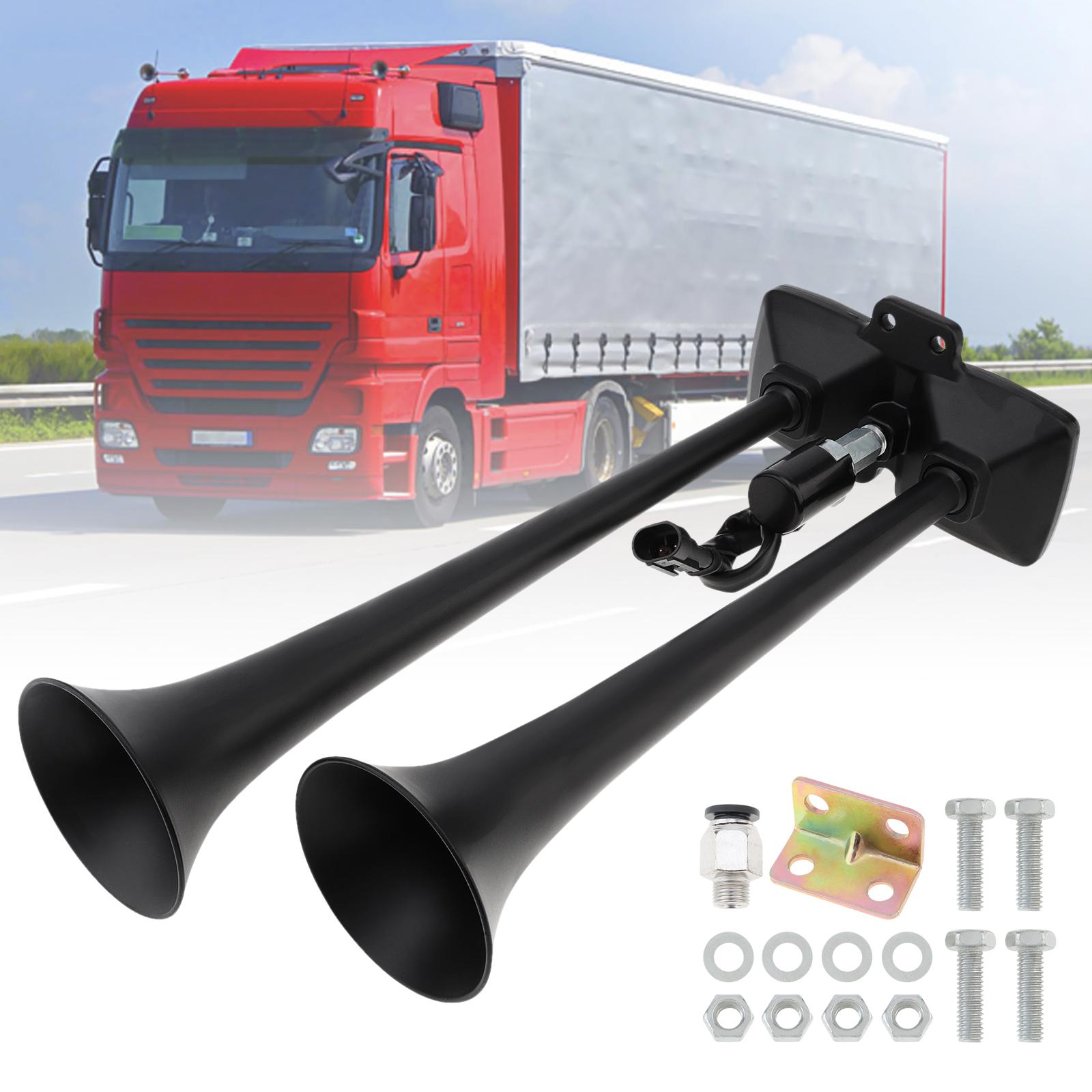 

24V 300dB Super Loud Zinc Alloy Dual Trumpet Air Horn Heavy Duty High Low Dual Tones Adjustable Black for Vehicle Truck Car Modification