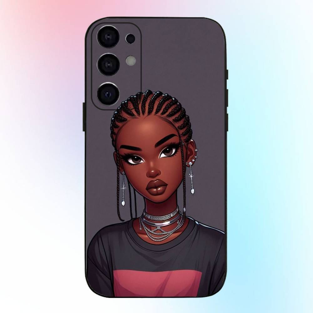 Afro Black Girls Cartoon Phone Case For Samsung S25,S24,S21,S22,S23,S30,Ultra,S20,Plus,Fe,Lite,Note,10,9,5G Black Cover