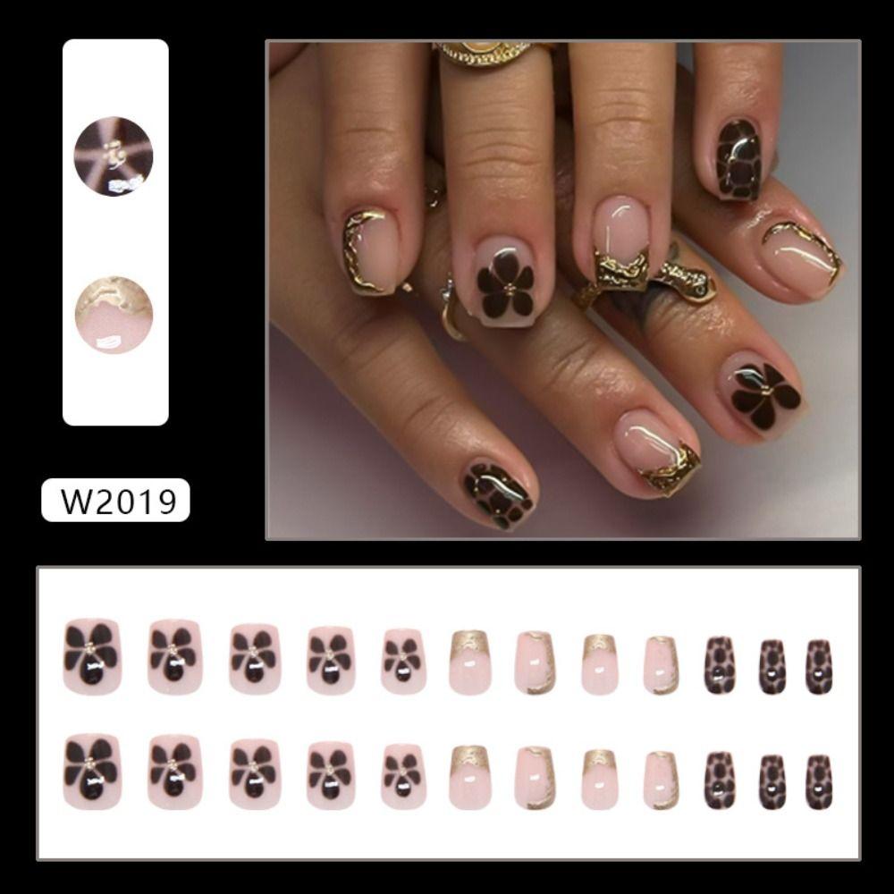 24pcs Metallic Irregular Flowers False Nails French Press On Nails New Fake Nails  Women Girls
