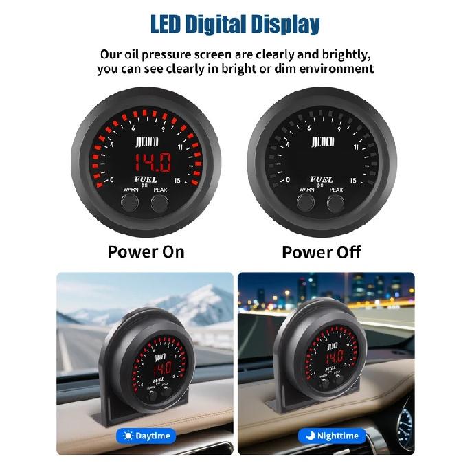 JJCOCO Universal Ultra-thin Electronic Fuel Pressure Gauge With 1/8 Npt Sensor Oil pressure Meter Red display Digital 0-15Psi