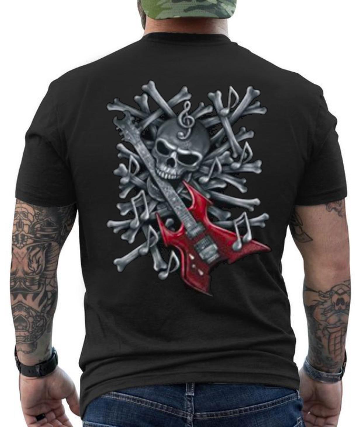 Skull Guitar Heavy Metal Music Guitar Player Gothic Graphic Design T- Shirt S