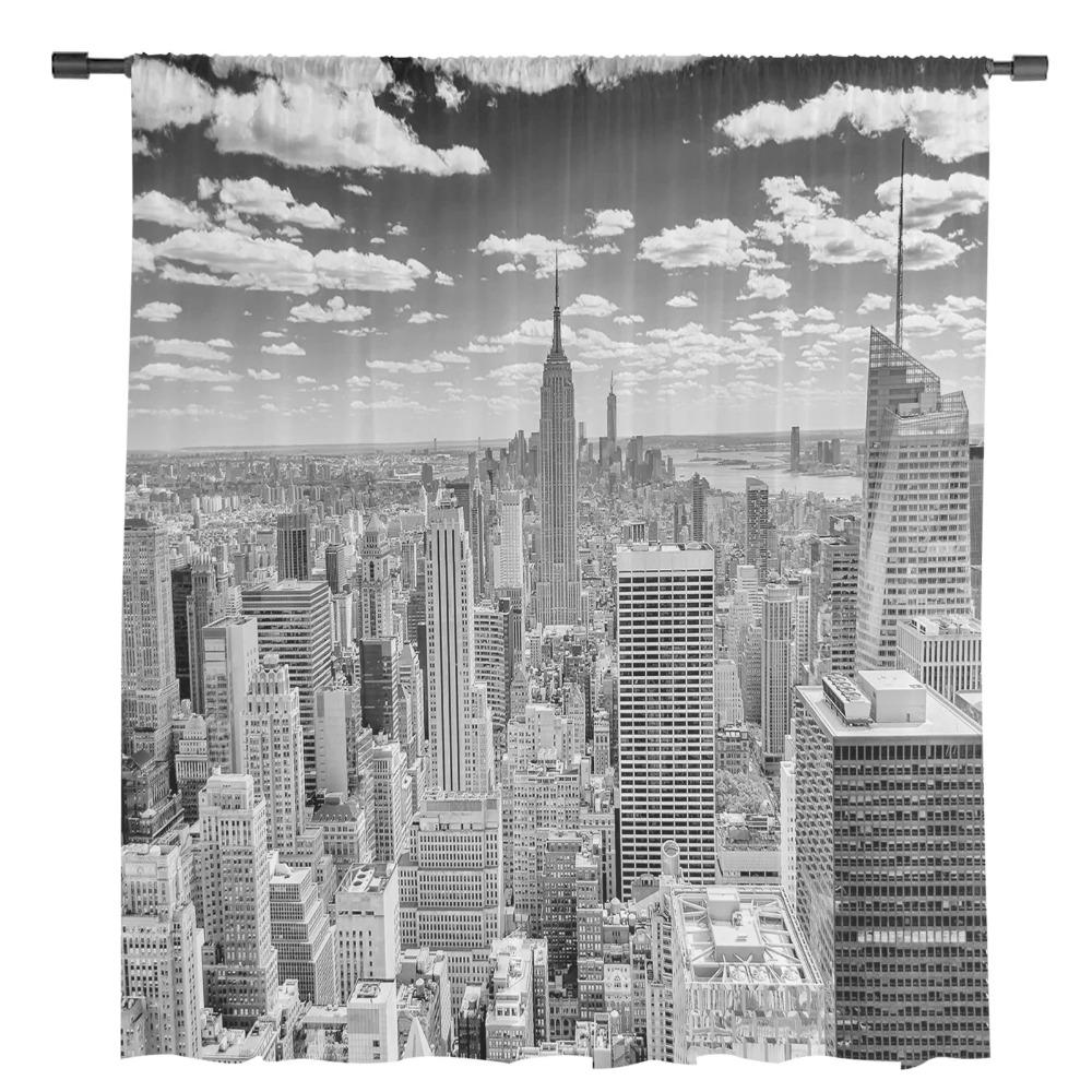 Grey New York City Sheer Voile Curtains Window Treatment for Kitchen Living Room Bedroom Decoration Modern Tulle Curtains