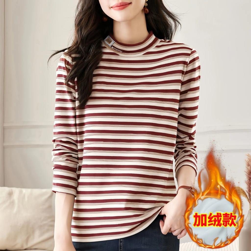 New Half-high Neck Long-sleeved T-shirt Thermal Inner Wear Develvet Striped Base Shirt for Women in Autumn and Winter
