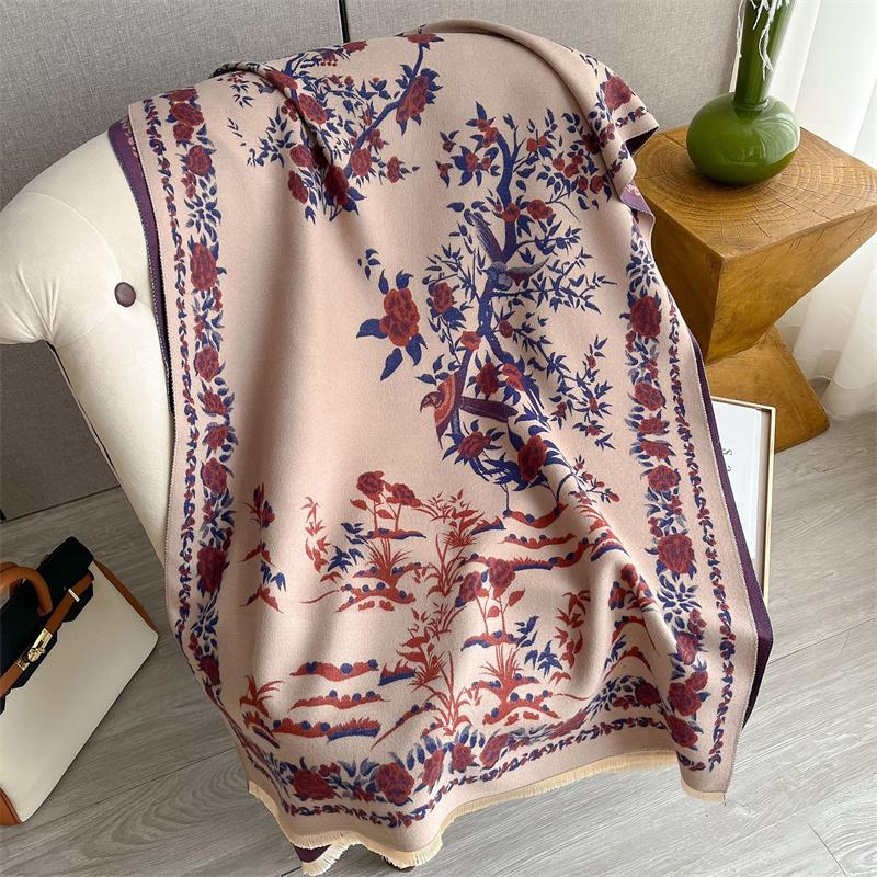 Flowers Pattern Cashmere Scarf For Women Thicken Warm Winter Blanket Luxury  Lady Shawl Wrap Bufanda Poncho Echarpe