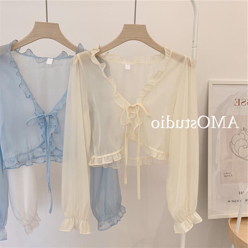 Cárdigan de Hada Estilo Francés: Chal Ligero de Protección Solar para Primavera y Otoño, Mangas Largas, Diseño con Volantes