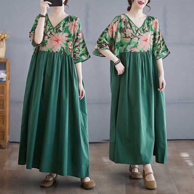 Robe d'été patchwork style rétro en coton et lin Jupe longue