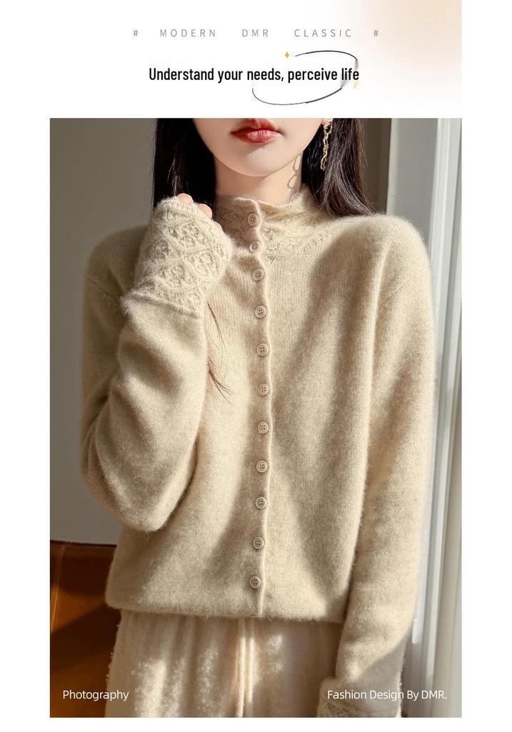 Exquisite Crochet High Neck Velvet Cardigan - Women's Autumn/Winter Warmth, Stylish Loose Fit Sweater Coat