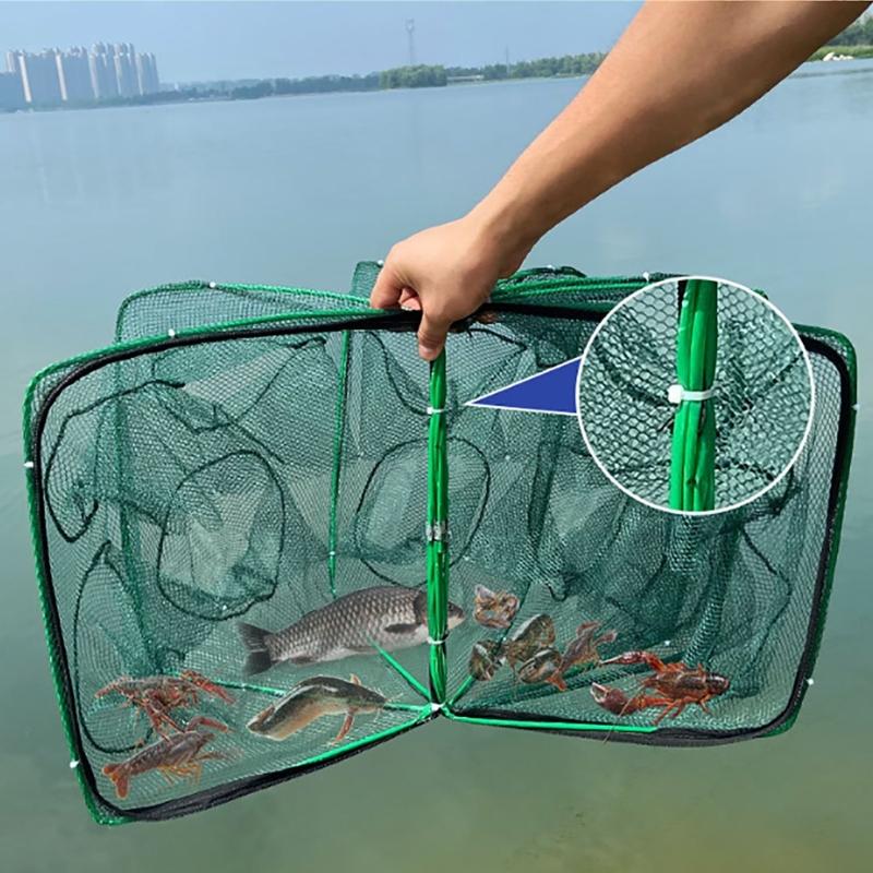 Fishing Shrimp Cage Baits Mesh Net Foldable Fish Trap Cage 6/8 Hole Folding Fishing Net Automatic Fishing Trap Net