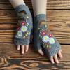 Hand Knit Fingerless Embroidery Floral Winter Gloves Warm Fleece Lined Gloves  Adults with Embroidered Potted Small Red Flowers