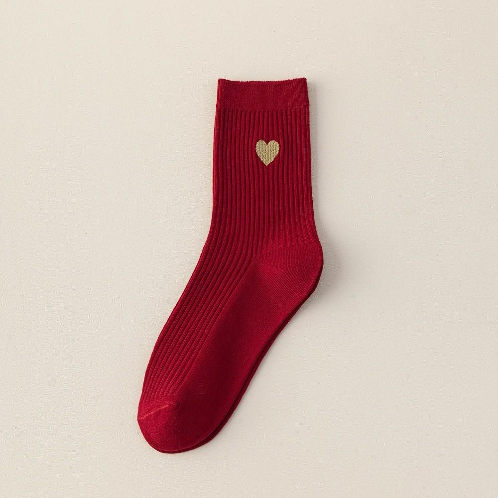 New Cartoon Embroidery Cotton Socks Red Casual Mid Tube Socks Sweat Absorption Anti-slip Socking Autumn Winter
