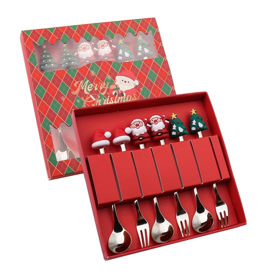 Christmas Spoon Cutlery Set Stainless Steel Xmas Dinner Forks Dessert Fruit Ice Cream Tea Cake Forks Doll Tableware Gift Box Christmas Party Supply