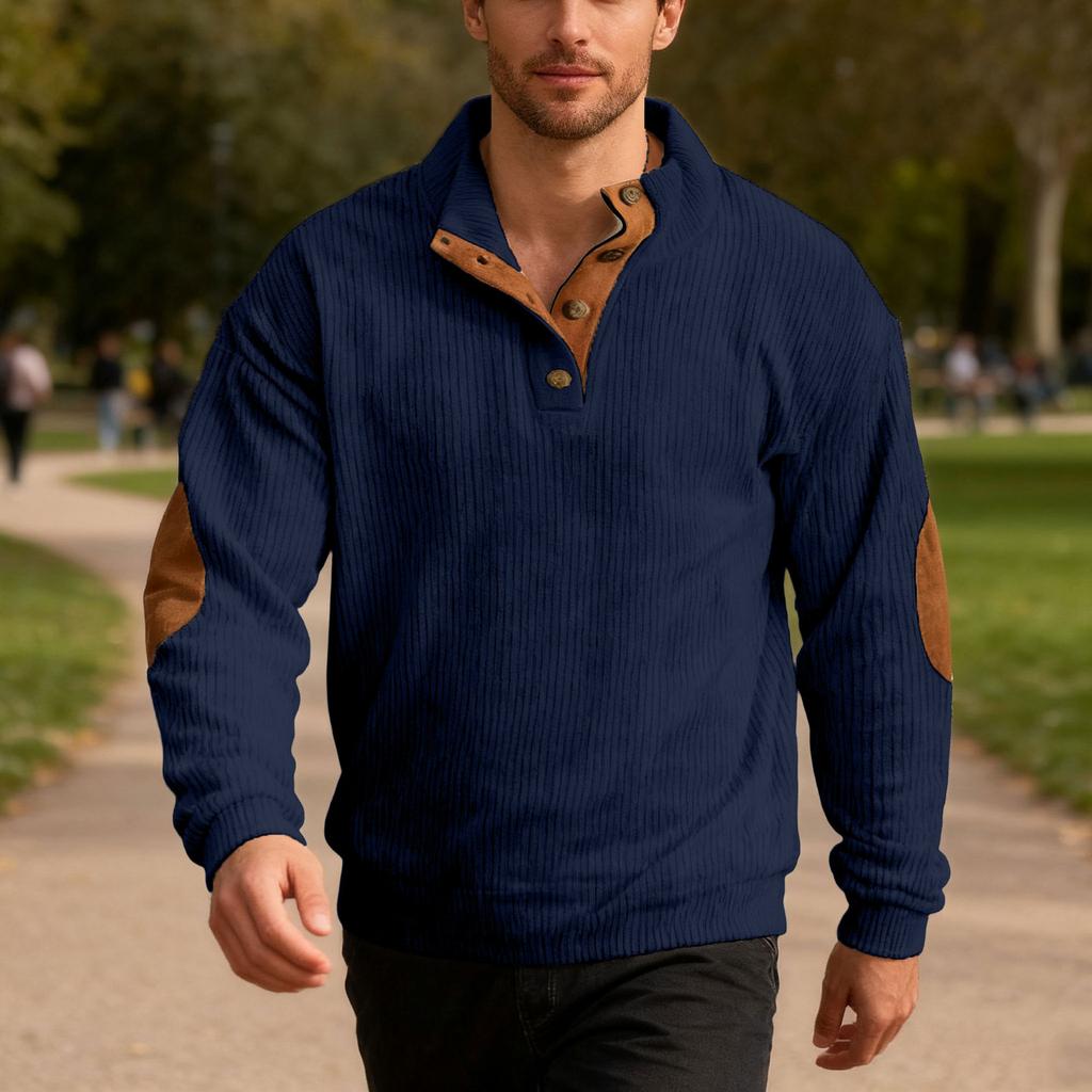 New Men's Casual Corduroy Patch Stand Collar Sweatshirt - Loose Fit Oversized Menswear