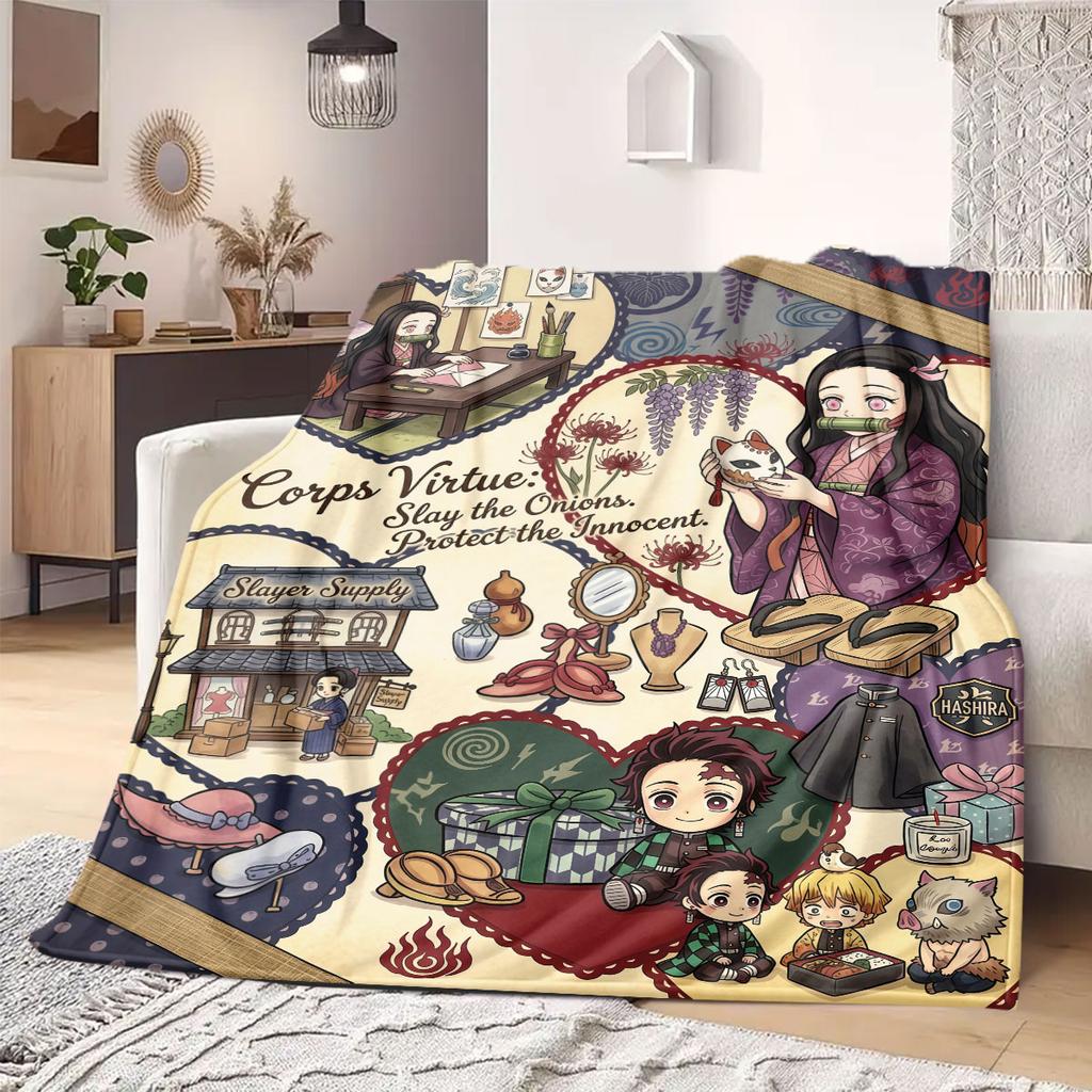 Demon Slayer Brilliant 2D Print Flannel Blanket Cute Cartoon Pattern for Home Decor Bed Sofa Travel Picnic Blanket_LIAN