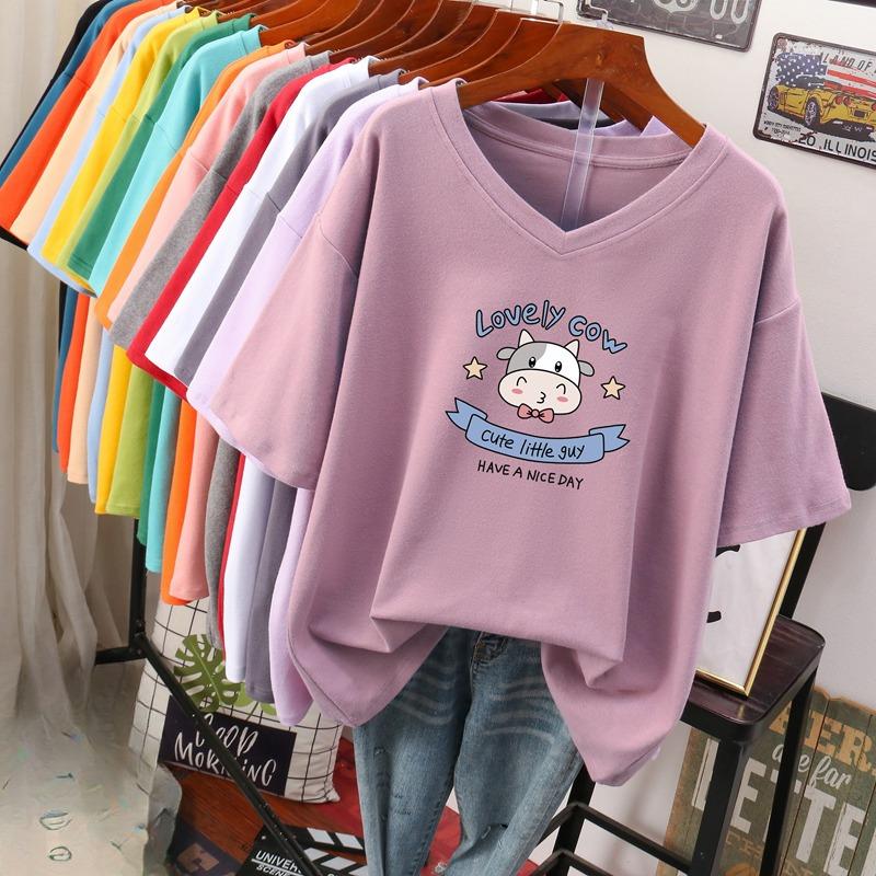 Short-sleeved T-shirt, Loose-fitting, Slimming Printed V-neck Top for Women