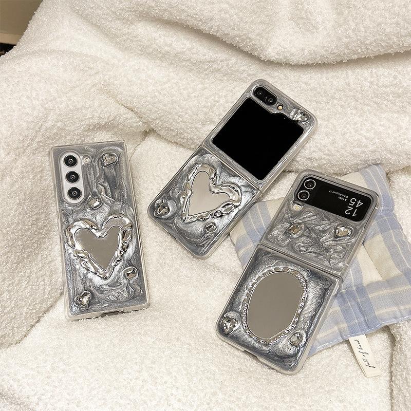 Silver Gray Glue Phone Case for Samsung Zflip6 Flip Folding Screen Zfold5 Love Mirror Female New Model