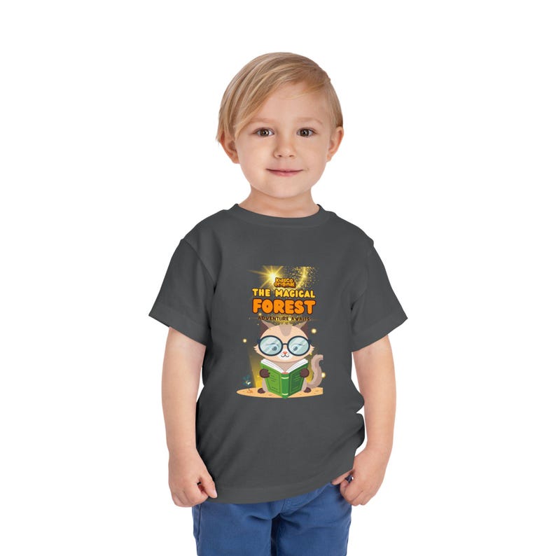 KidsCo Premium Collection - Magical Forest Reading Cat Toddler Tee | Cute Bookworm Kitty Shirt 120
