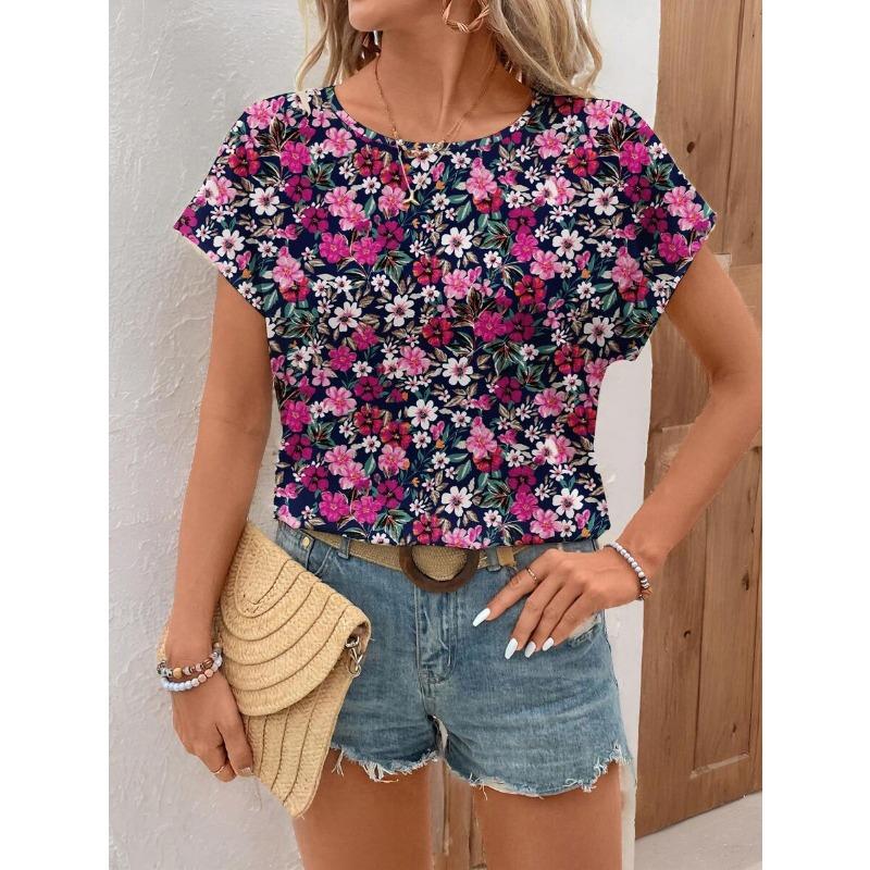 Mode Damen Rundhals T-Shirt Sommer Lässig Outdoor Kurzarm Oberteile Blumenmuster Stil Übergröße Locker Damenbekleidung