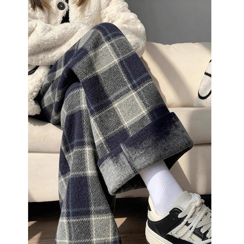 Plaid Casual Wide-Leg Pants for Women - Winter 2025, Thickened and Velvet-Lined, Lazy BF Style Small