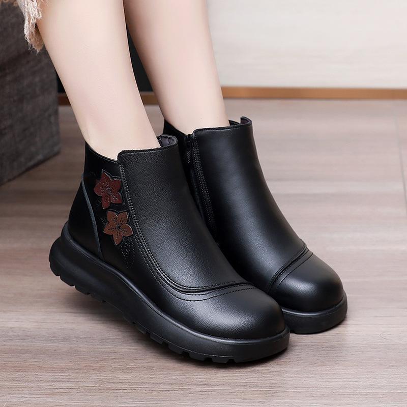 Retro Shoes with Fleece Short Boots, Round Toe Waterproof and Warm Women's Anti-slip Cotton Shoes