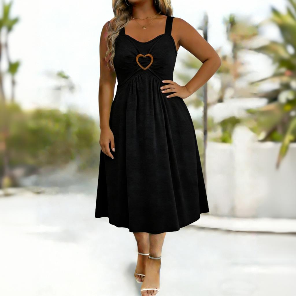 Women’s Sleeveless V Neck Heart Button Strap Dress with Flared Hem and Relaxed Fit for Casual and Daily Wear