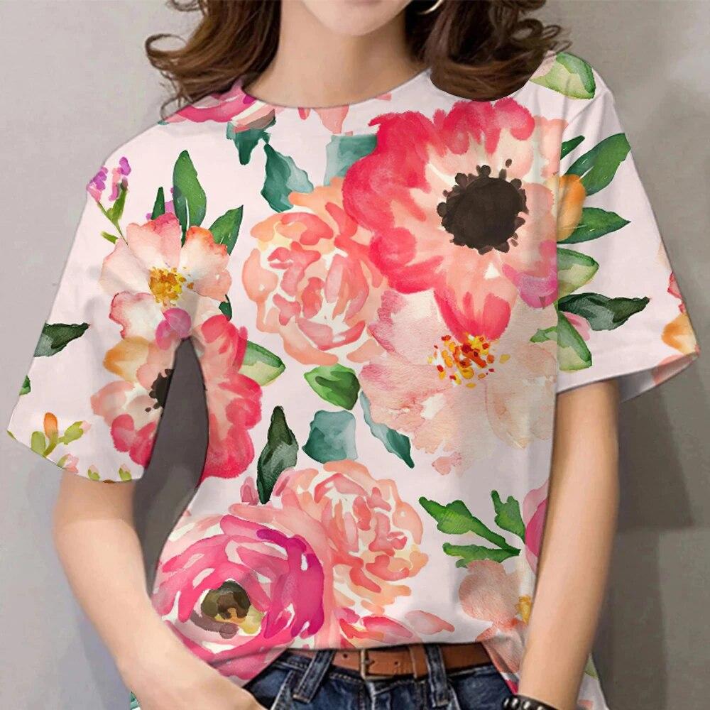 Colorful Floral Print 3D Digital Print Women's Casual Round Neck Short Sleeved T-shirt