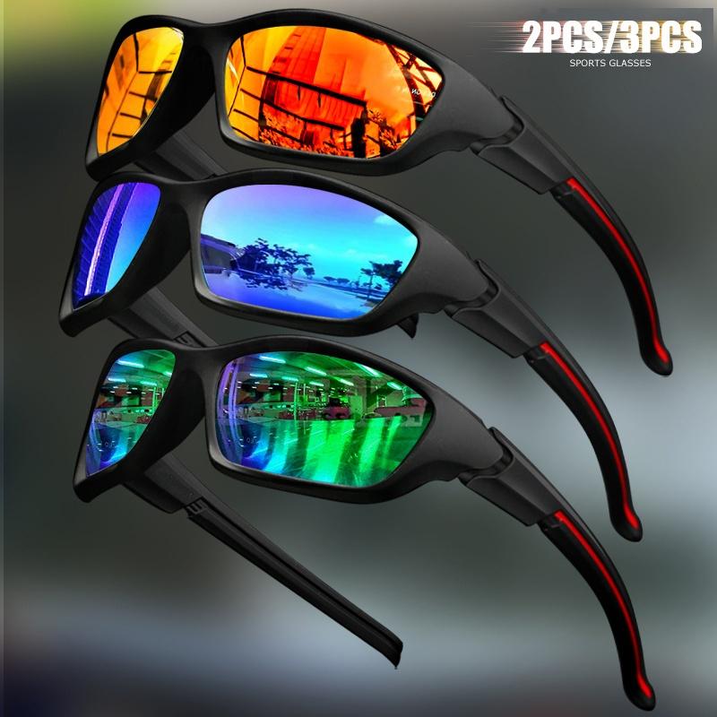 2/3pcs Men'S Sport Outdoor Protective Sunglasses Glasses Set TAC Lenses Anti-Glare Coating for Driving