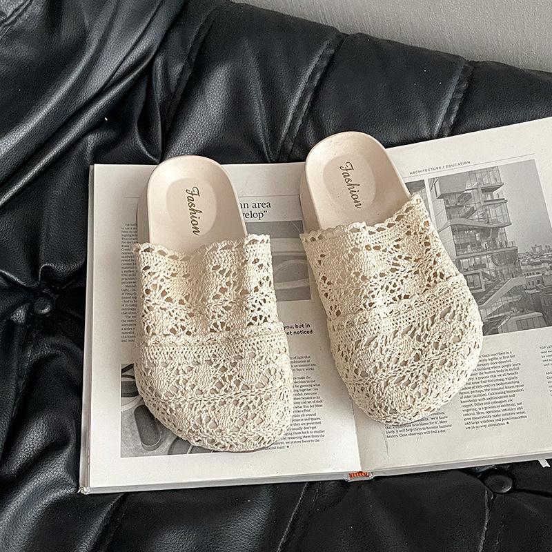 Knitted Hollow Big Head Muffin Thick Bottom Bag Head Drag Women's Summer New Wear Breathable Small Half Slippers