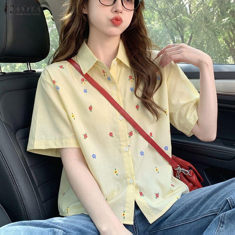 ZANZEA Women Casual Turn Down Collar Loose Floral Print Short Sleeve Blouse