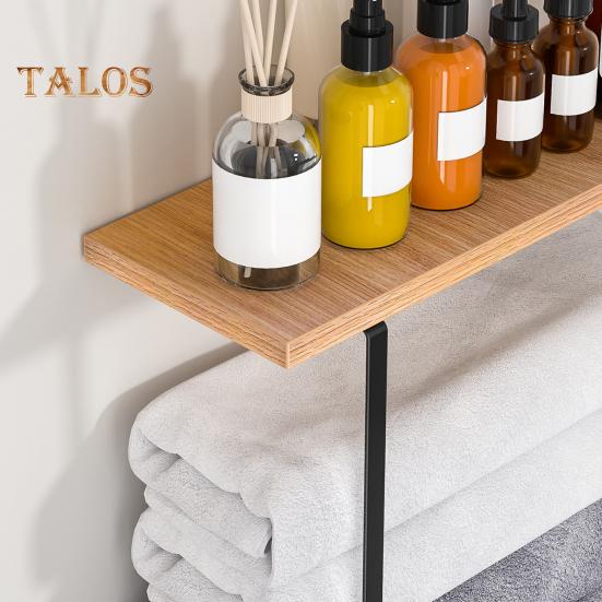 Portasciugamani da Parete con Mensola in Legno Forte Portata Facile da Installare Portasciugamani da Bagno Multifunzionale Portaoggetti