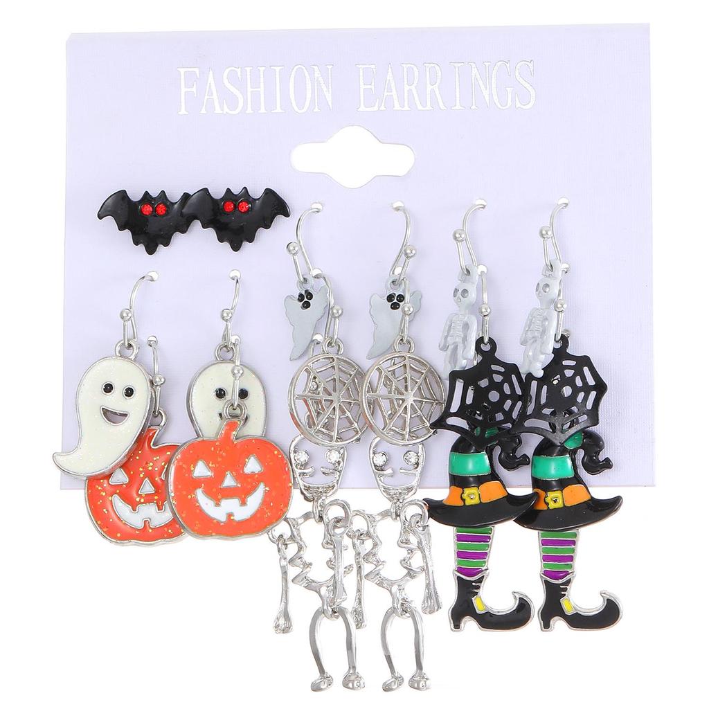 Cross-Border Halloween Earrings Set: Ghost, Pumpkin, Witch, Skeleton, Spider, Black Cat, Bat, Spider Web Ear Studs